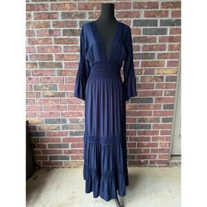 Indah boho maxi dress - navy blue crochet detail - bell sleeve - v neck - size M